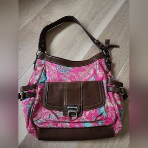 Chaps pink and brown multi paisley canvas shoulder bag with faux leather trim. 